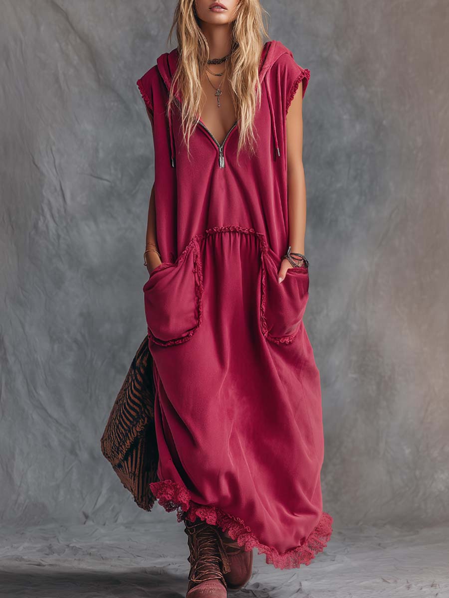 Vintage Casual Sporty Hooded V-neck Front Zip Lace Trim Sleeveless Raspberry Red Cotton Maxi Dress