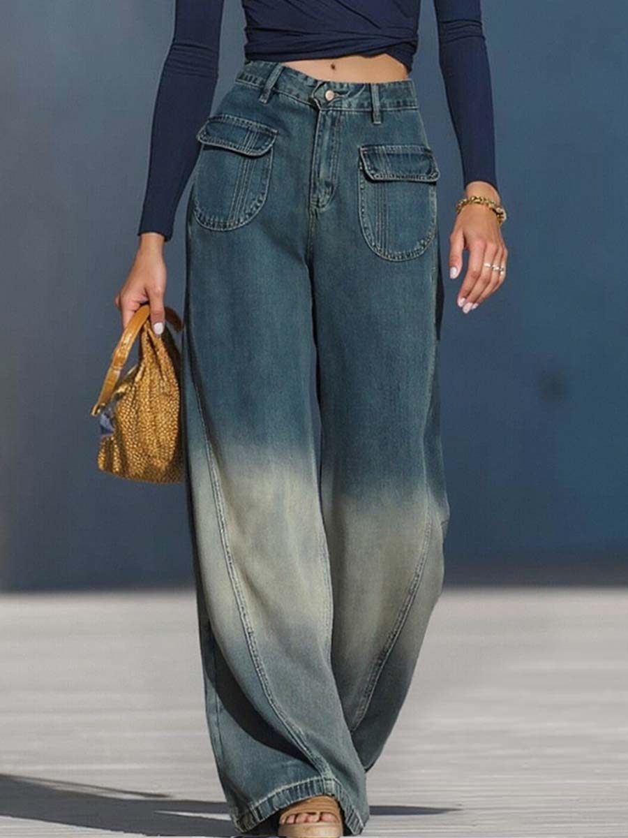 Gradient Washed Denim Blue Gray Loose Pants | western wear 
