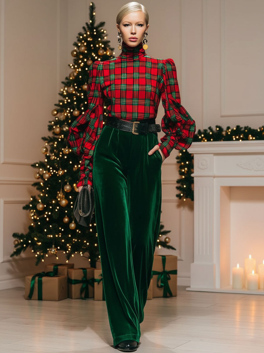 Trendy Retro Plaid Velvet Turtleneck Long-sleeved T-shirt And Wide-leg Pants Set