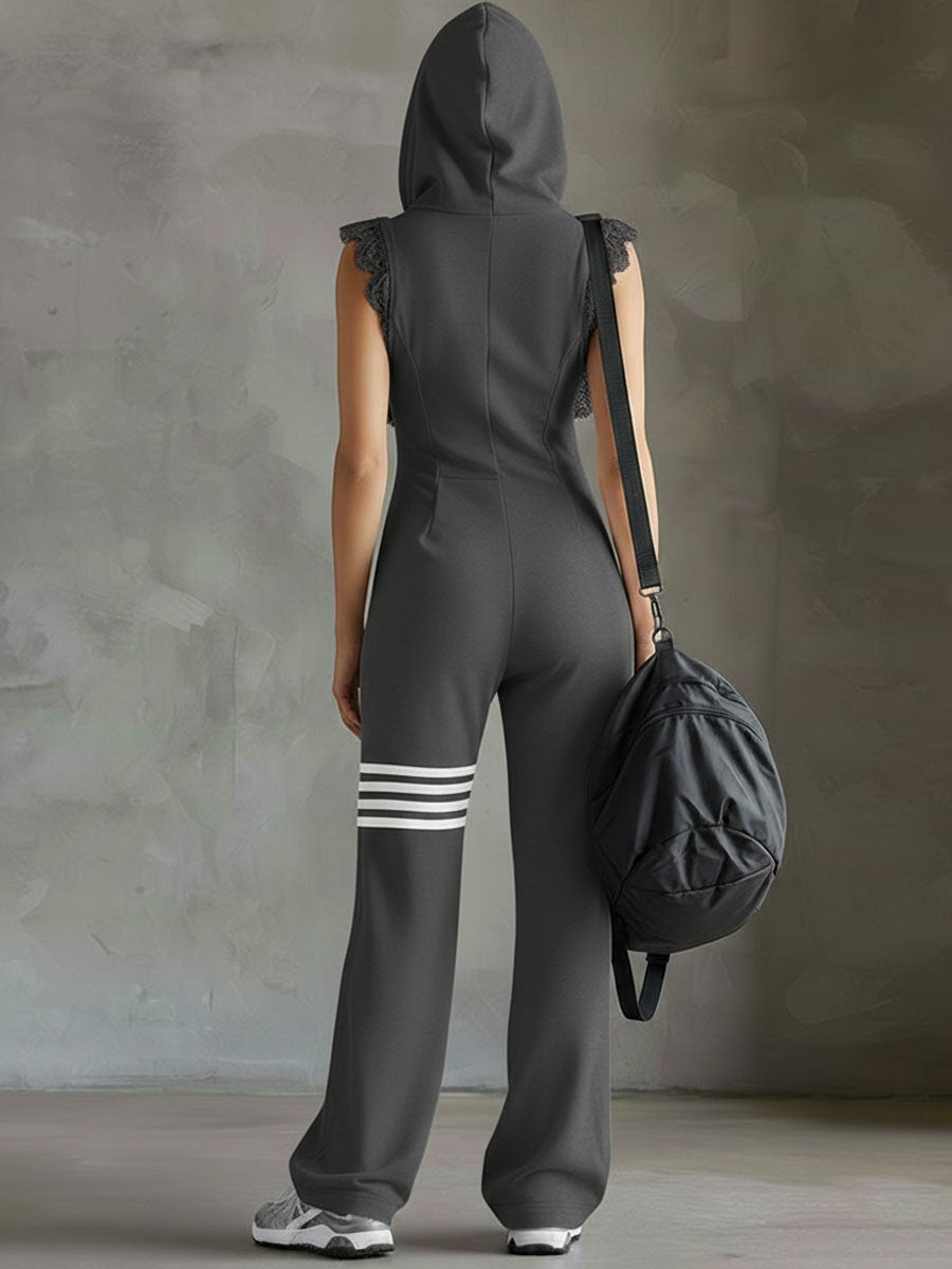Sporty Retro Lace Striped Black Sleeveless Hooded Jumpsuit