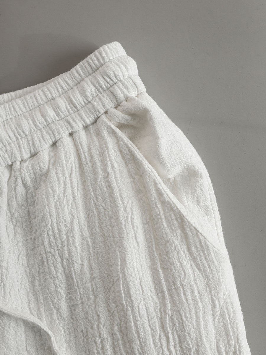 Vacation Retro White Cotton Linen Short-Sleeve Hooded Top And Balloon Pants Set