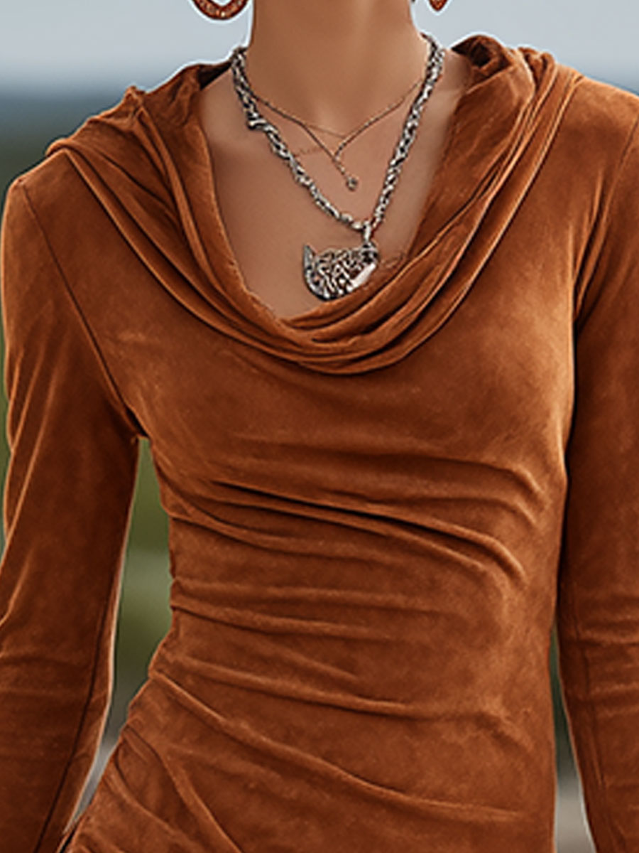 Western-style Vintage Caramel Brown Ruffled Faux Suede Mini Dress