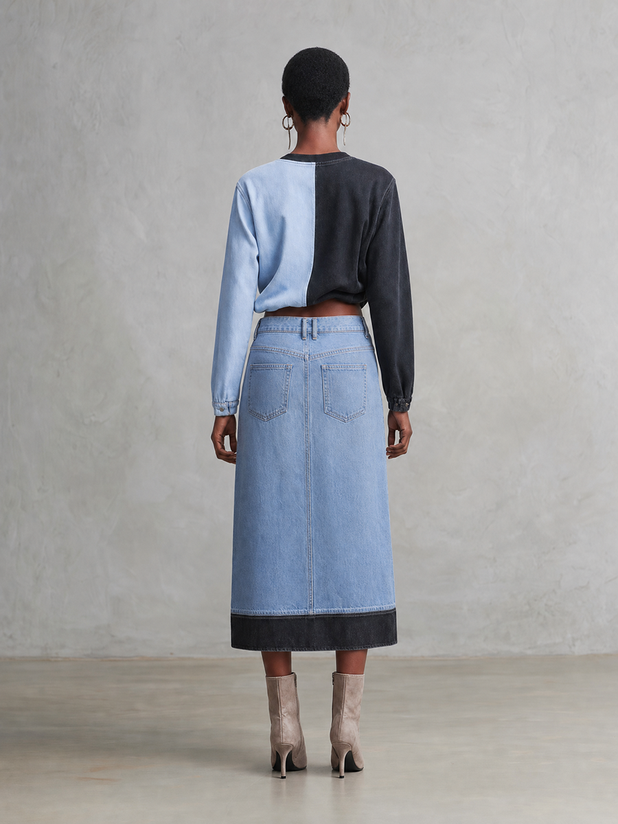 Western Two-Tone Denim Midi Skirt Front Slit Studded Belt High Waist
