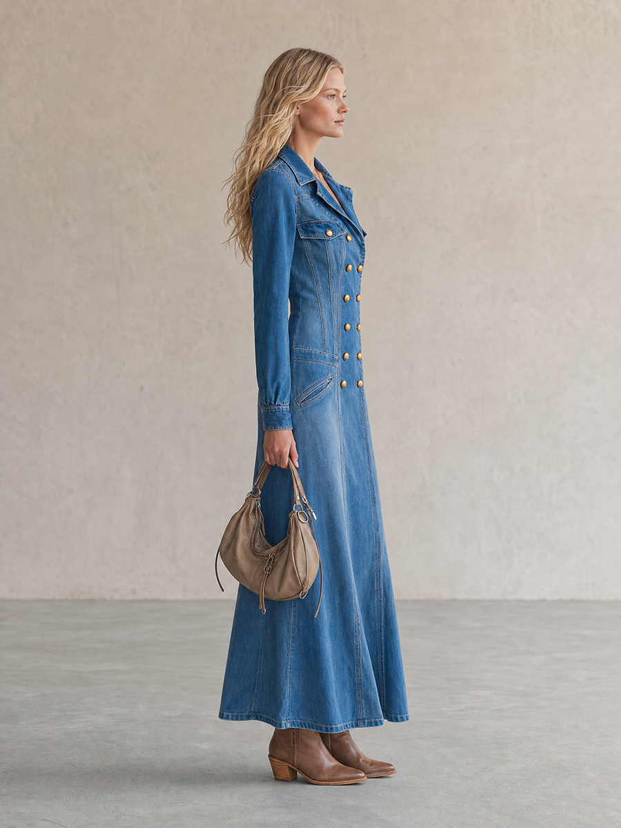 Vintage Wash Western Denim Maxi Dress Women Double-Breasted Button Front Long Sleeve