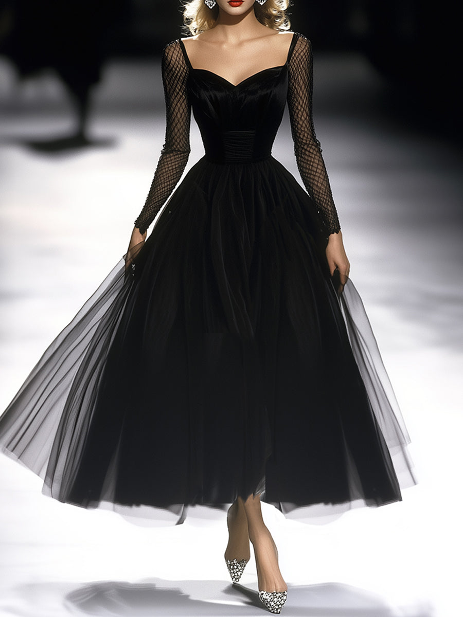 Retro Classic French Black Gauze Maxi Dress