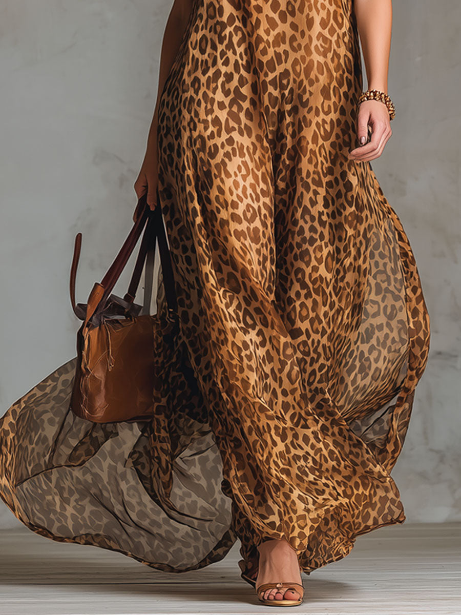 Leopard Print Bow-tie Strap Chiffon Sleeveless Maxi Dress
