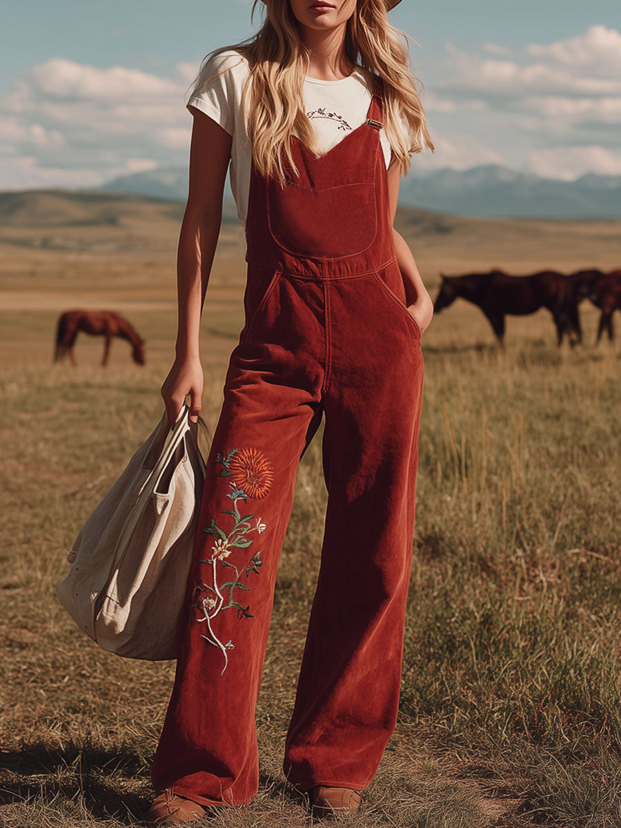 V-neck Floral Embroidered Faux Suede Overalls