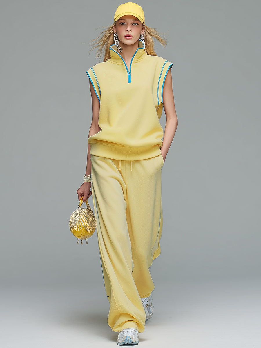 Fashionable Sporty Blue Trim Yellow Stand-up Collar Cotton Blend Top And Pants Set
