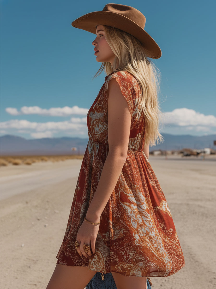 Retro Western Rust-Red Printed Chiffon Sleeveless Mini Dress