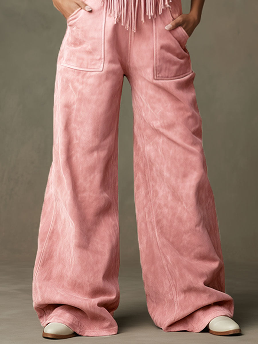 Western Retro Light Pink Faux Suede Tassel Overalls