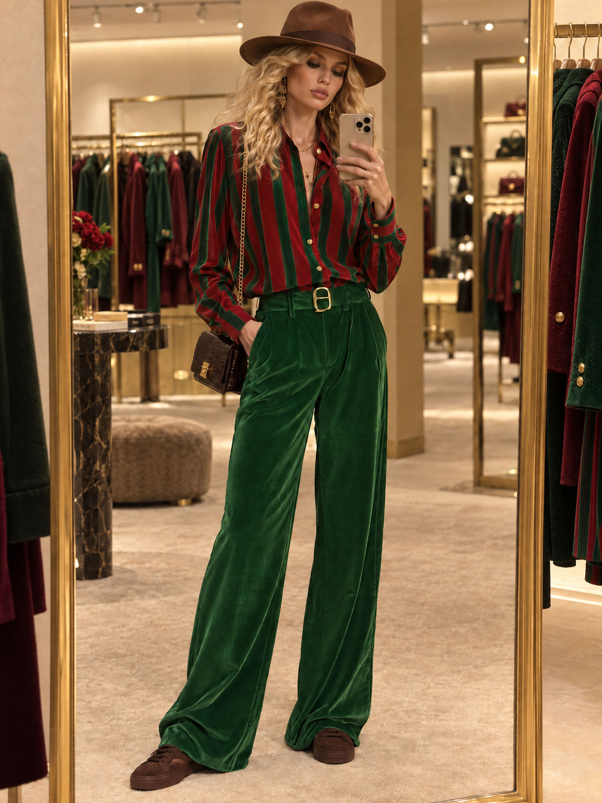 Simple Retro Red And Green Striped Shirt And Wide-leg Pants Set