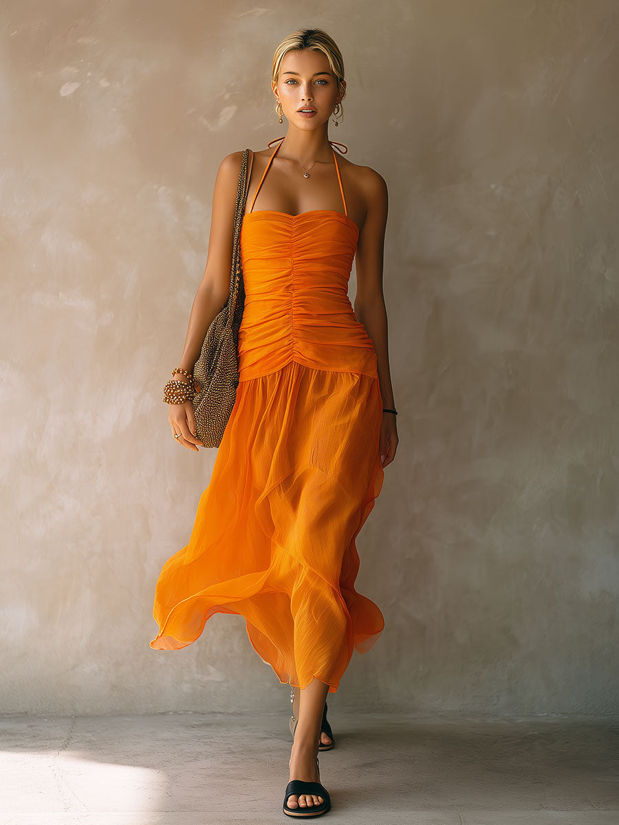 Retro-elegant Orange Halter Neck Sleeveless Pleated Chiffon Midi Dress