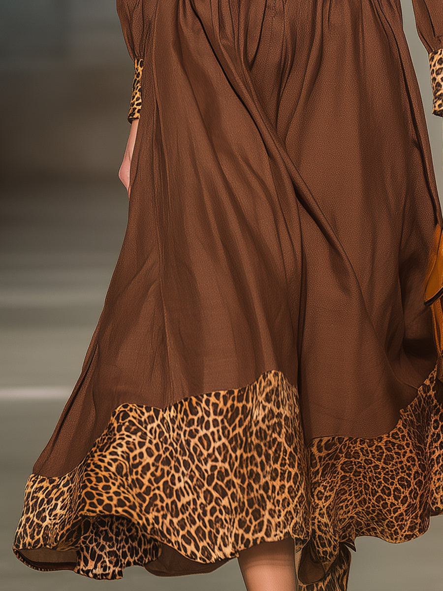 Stylish Brown Midi Dress With V-neck And Leopard Print Detailing At The Waist