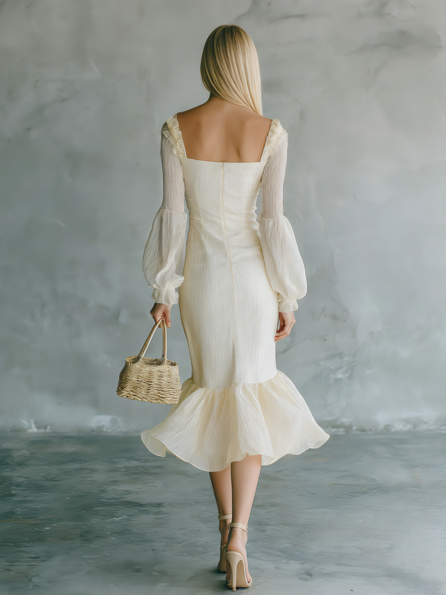 Exquisite And Elegant Square Neckline Ruffles Chiffon Midi Dress