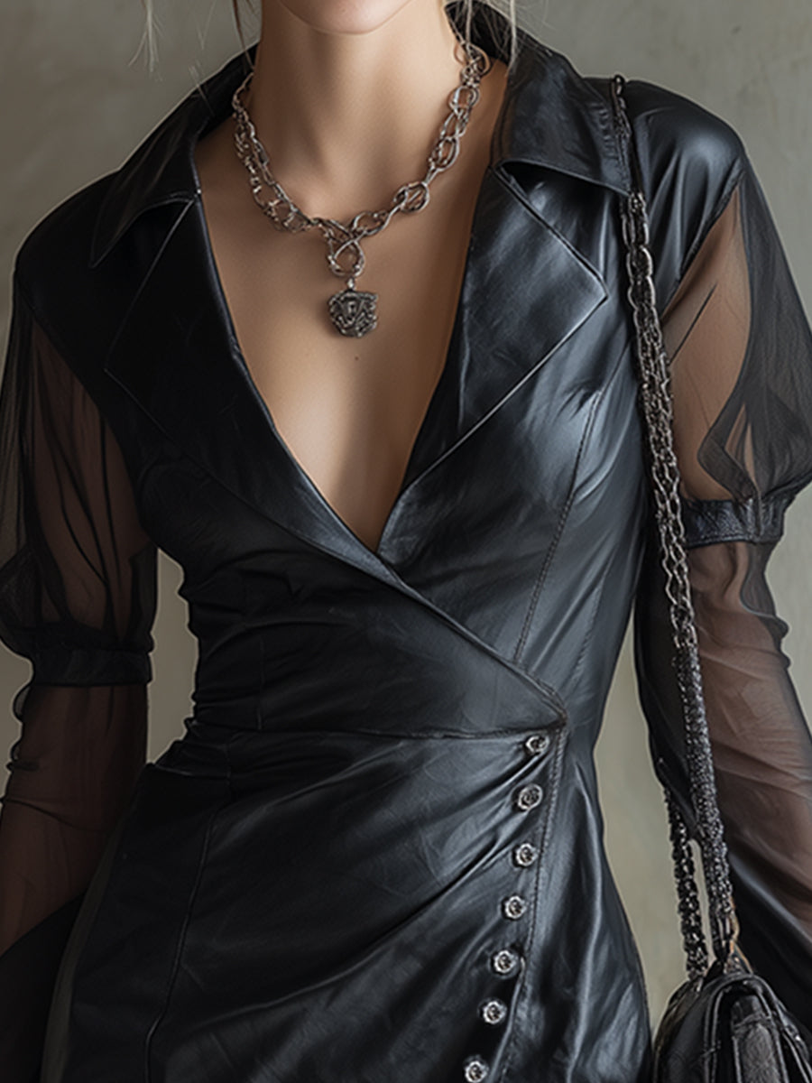 Elegant Black Collared Faux Leather Chiffon Long-sleeved Mini Dress