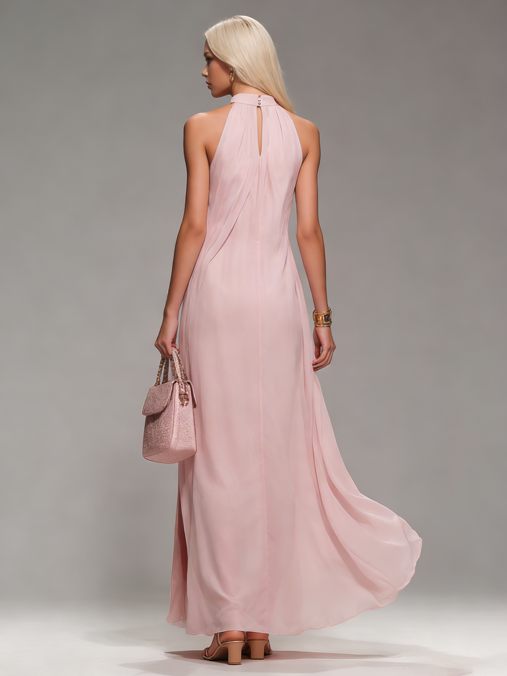 Comfortable And Elegant Halter Neck Sleeveless Slit Chiffon Maxi Dress