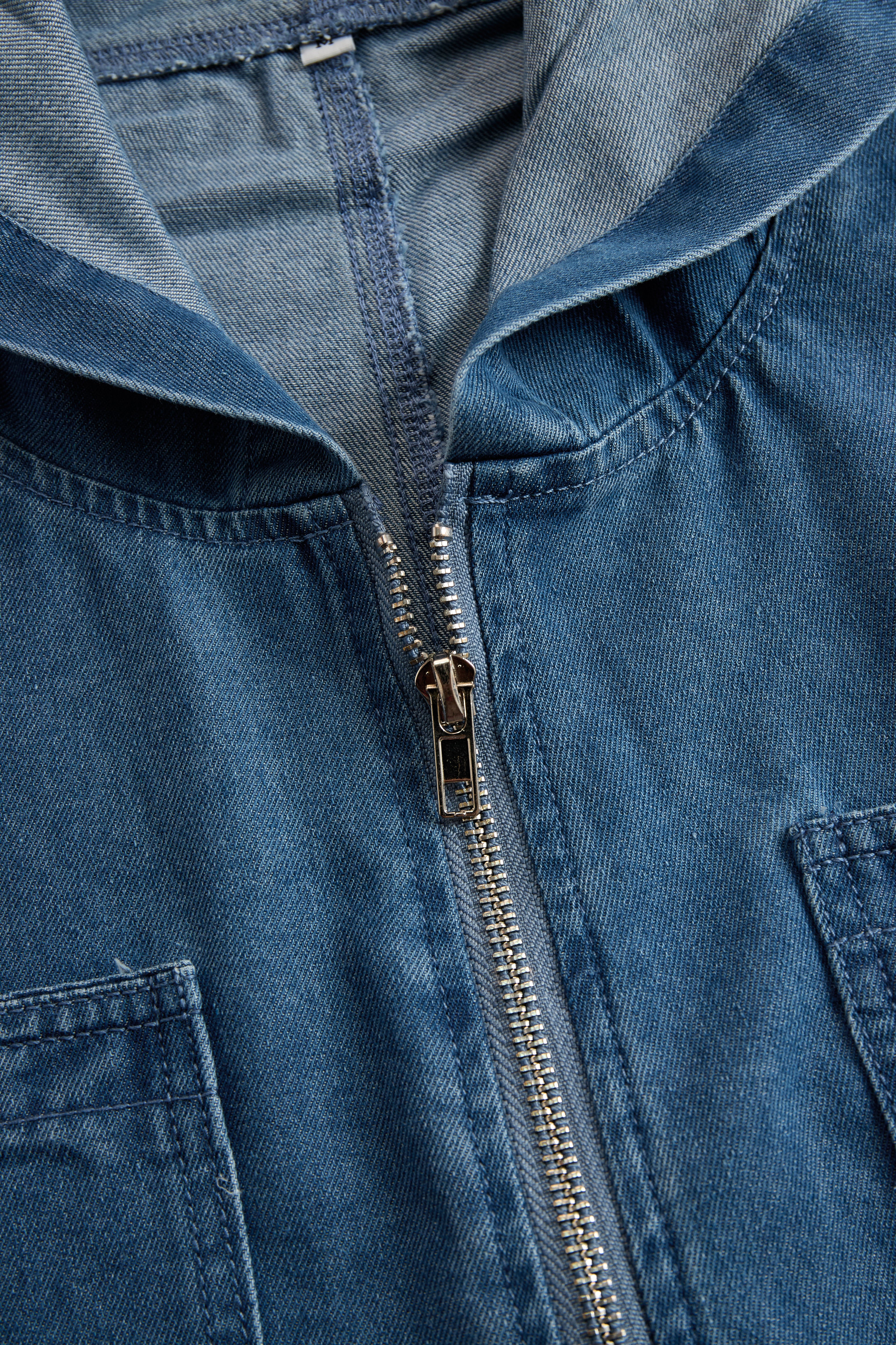 Casual Loose Retro Pocket Long Sleeve Hooded Zipper Denim Jumpsuit