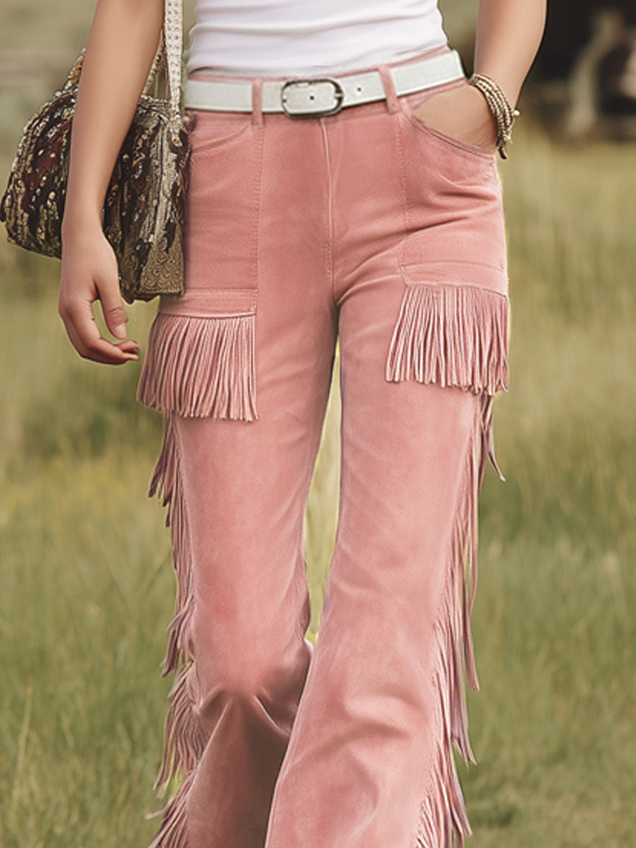 Western-style Pink Faux Suede Fringed Pants