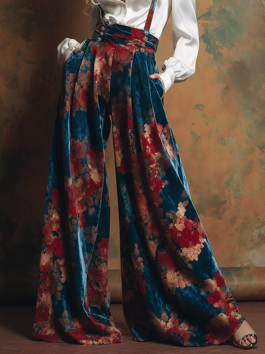 Retro-chic Printed Velvet Wide-leg Overalls