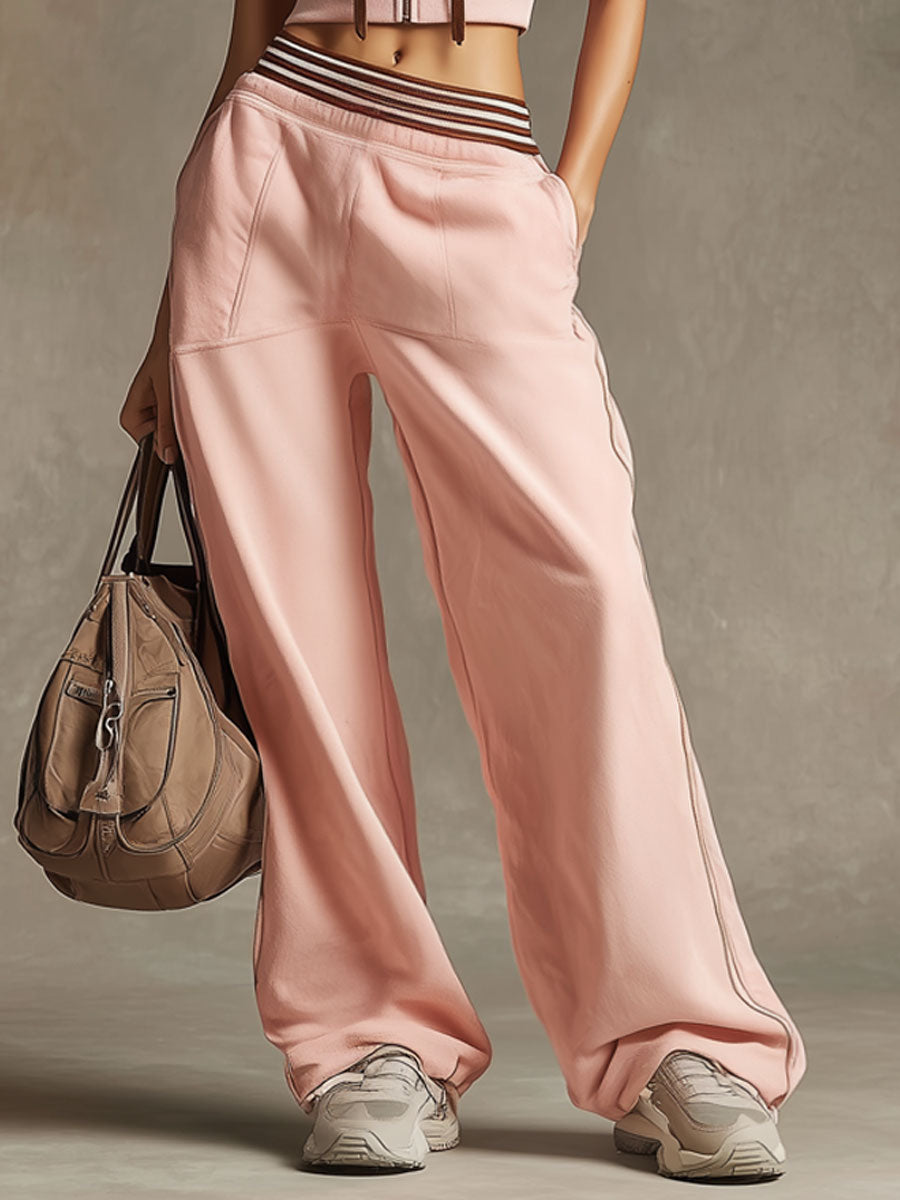 Retro Sporty Pink Cotton Hooded Vest And Wide-leg Pants Set