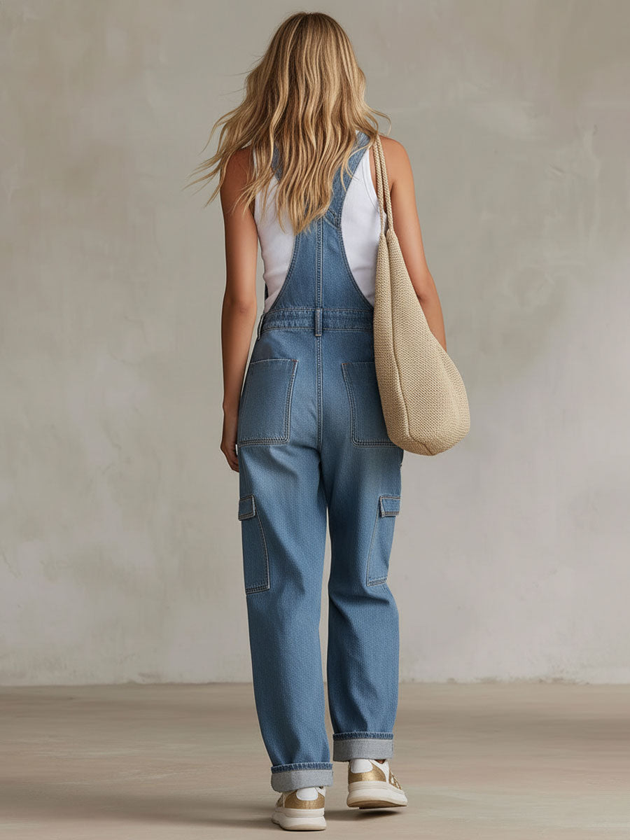 Multi-pocket Adjustable Strap Button Overalls