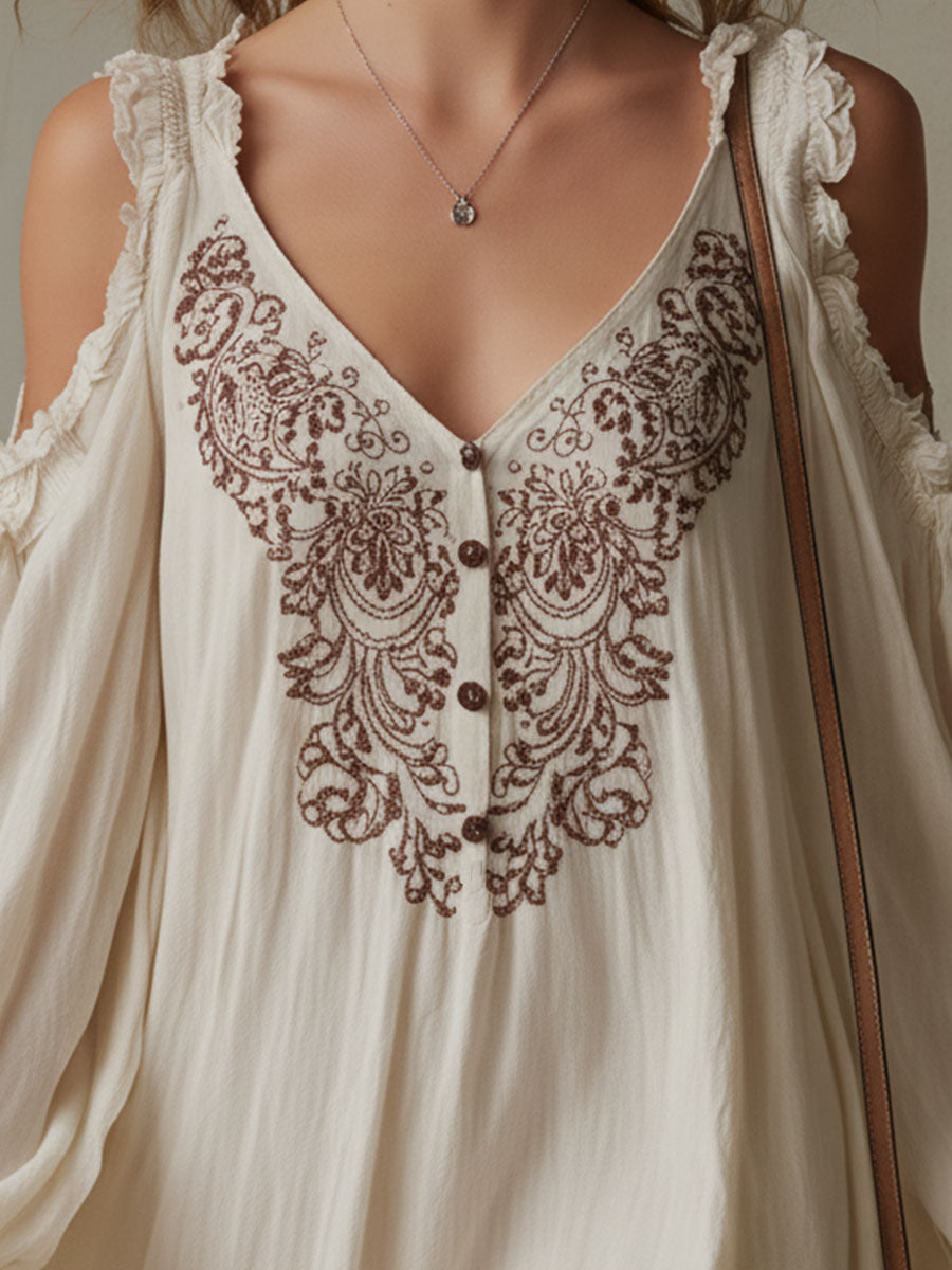 Western Retro Embroidered Beige Long-Sleeved Cotton Linen Mini Dress