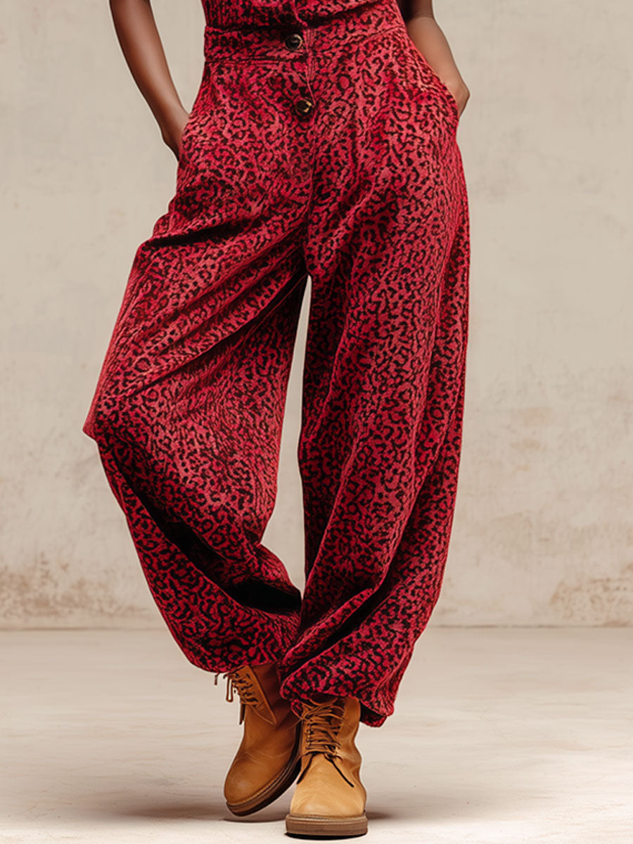 Casual Retro Leopard Print Red Velvet Sleeveless Jogger Jumpsuit