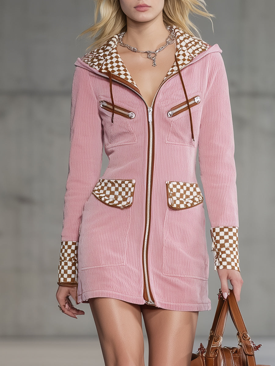 Fashionable Pink Corduroy Patchwork Brown And White Checkered Zip-up Mini Dress
