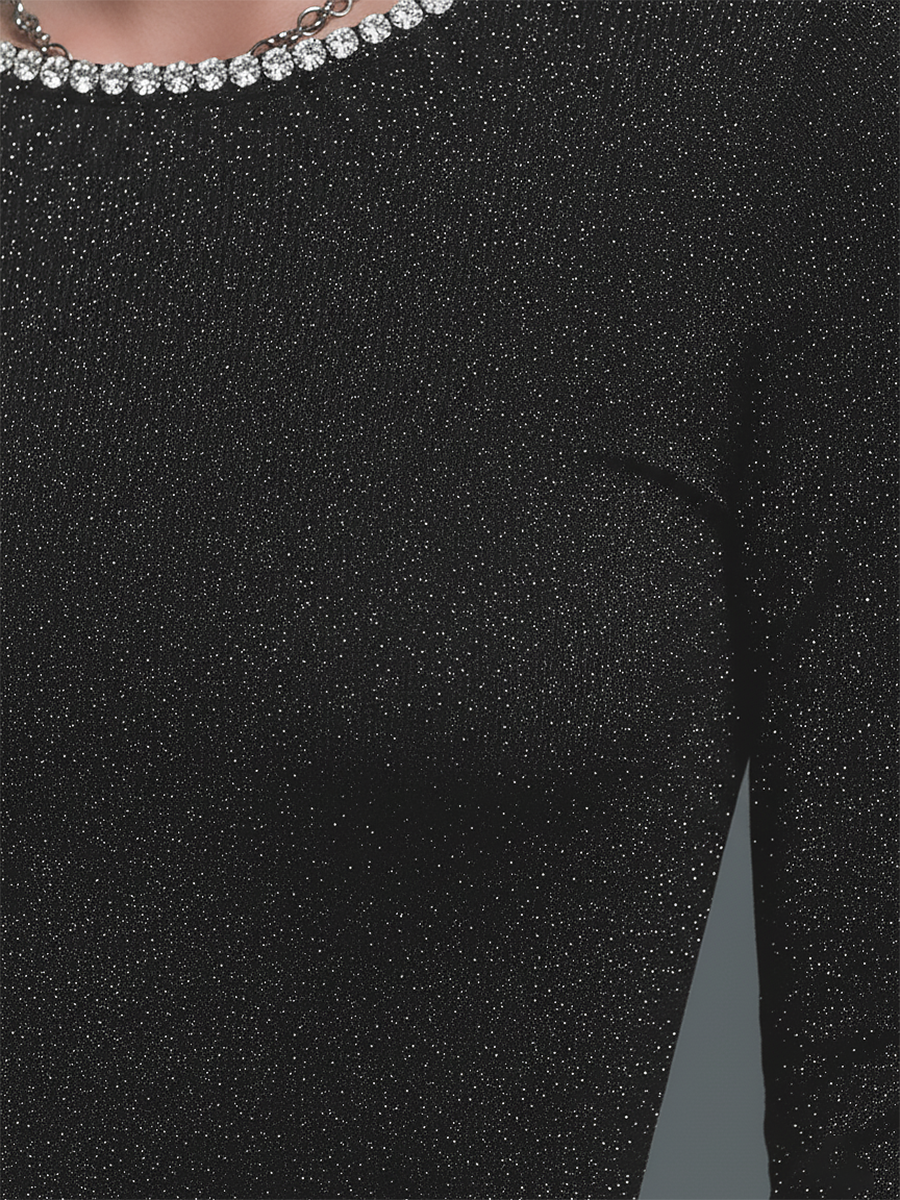 Elegant Rhinestone Trim Crew Neck Long Sleeve T-Shirt