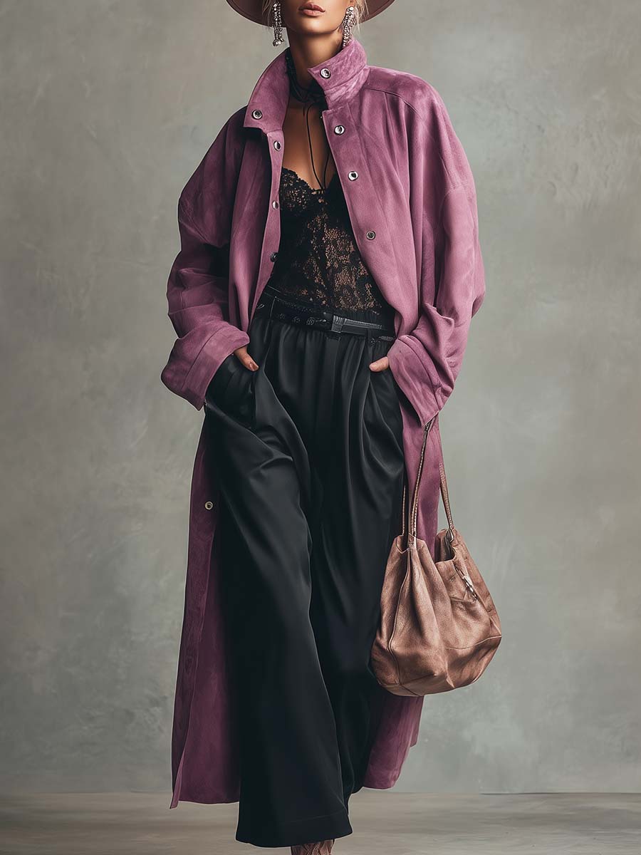 Vintage Elegant Exquisite High-necked Front Button Purple-red Suede Trench Coat