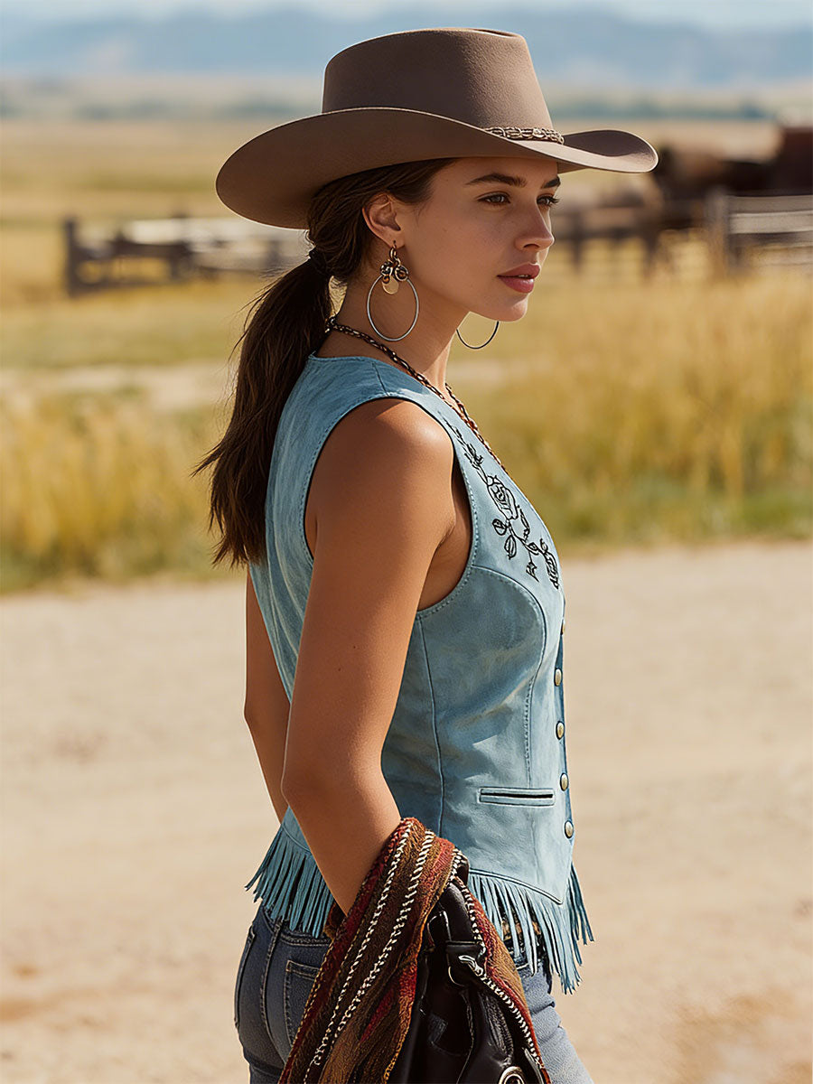 Western-style Retro Fringed Embroidered Lake Blue Sleeveless Faux Suede Shirt