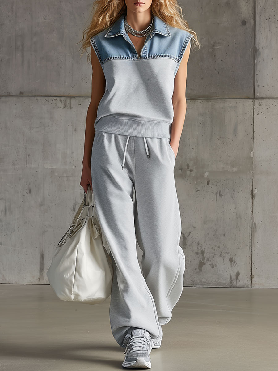 Casual Retro Denim Patchwork Light Gray Sleeveless Sweatshirt And Pants Set