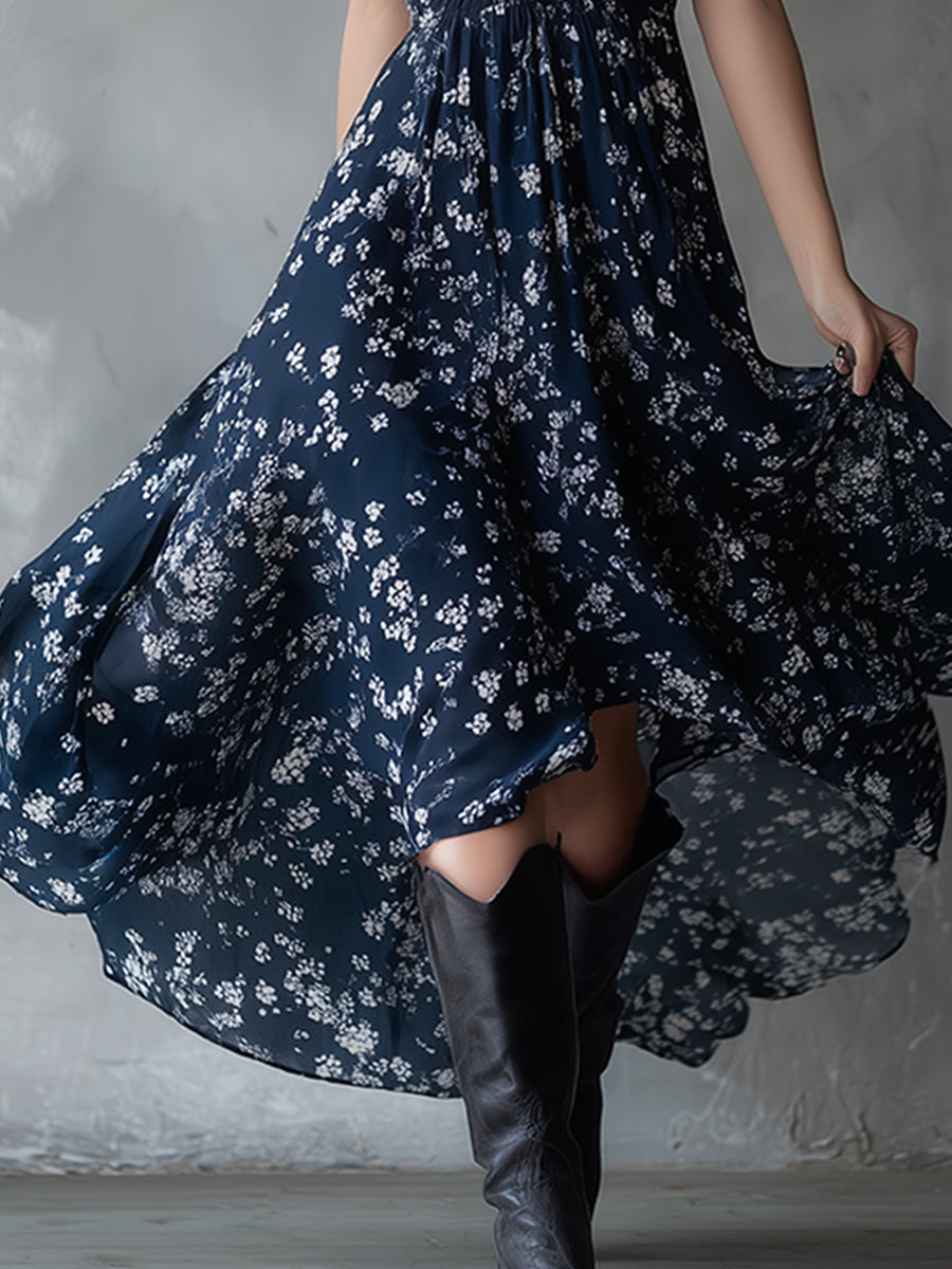 Retro Classic Floral Print Navy Blue Chiffon Sleeveless Maxi Dress