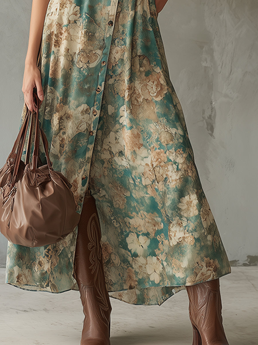 Retro Western-style Green Floral Print Chiffon Collared Sleeveless Maxi Dress