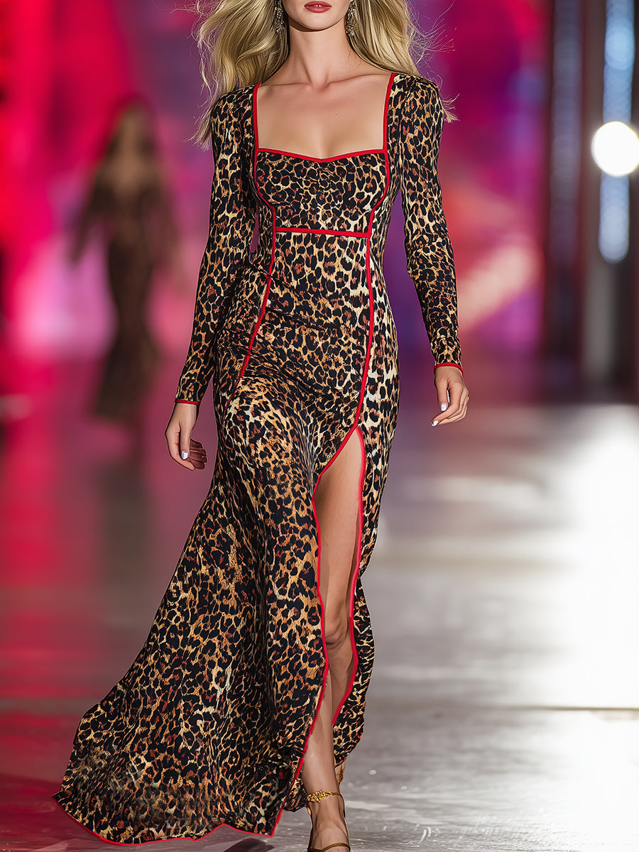 Retro-chic Red-trimmed Leopard Print Maxi Dress With Slit
