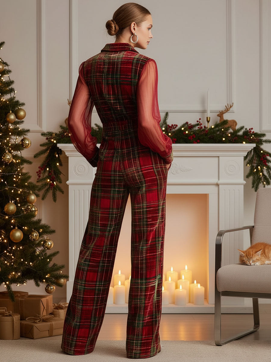 Retro Long-sleeved Mesh Red And Green Plaid Velvet Wide-leg Jumpsuit