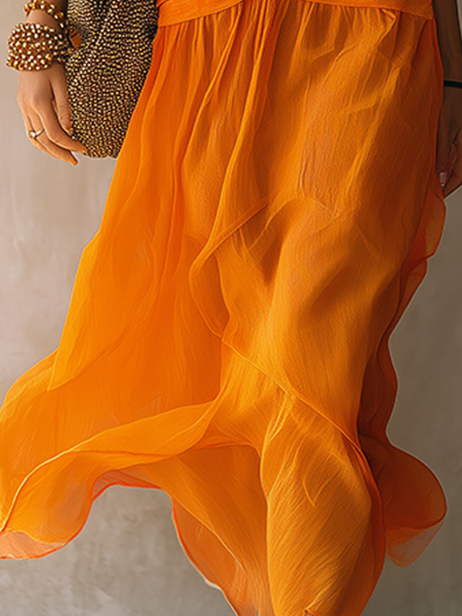 Retro-elegant Orange Halter Neck Sleeveless Pleated Chiffon Midi Dress