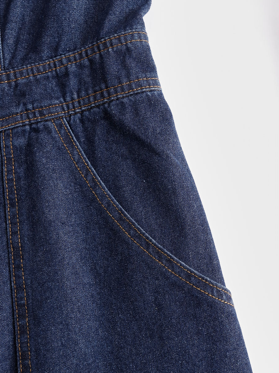 Casual Retro Multi-pocket Topstitching Dark Blue Denim Sleeveless Balloon Jumpsuit