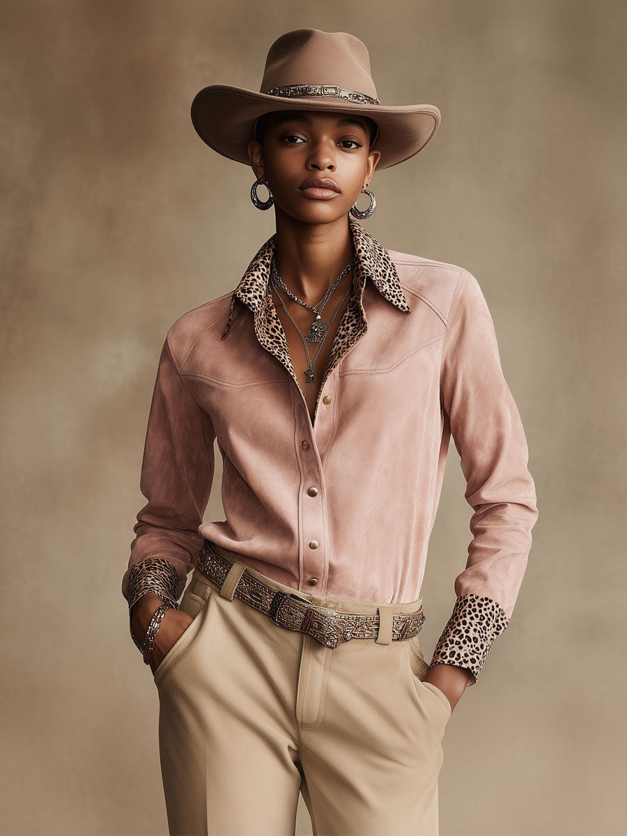 Western Retro Leopard Print Pink Faux Suede Long-Sleeve Shirt