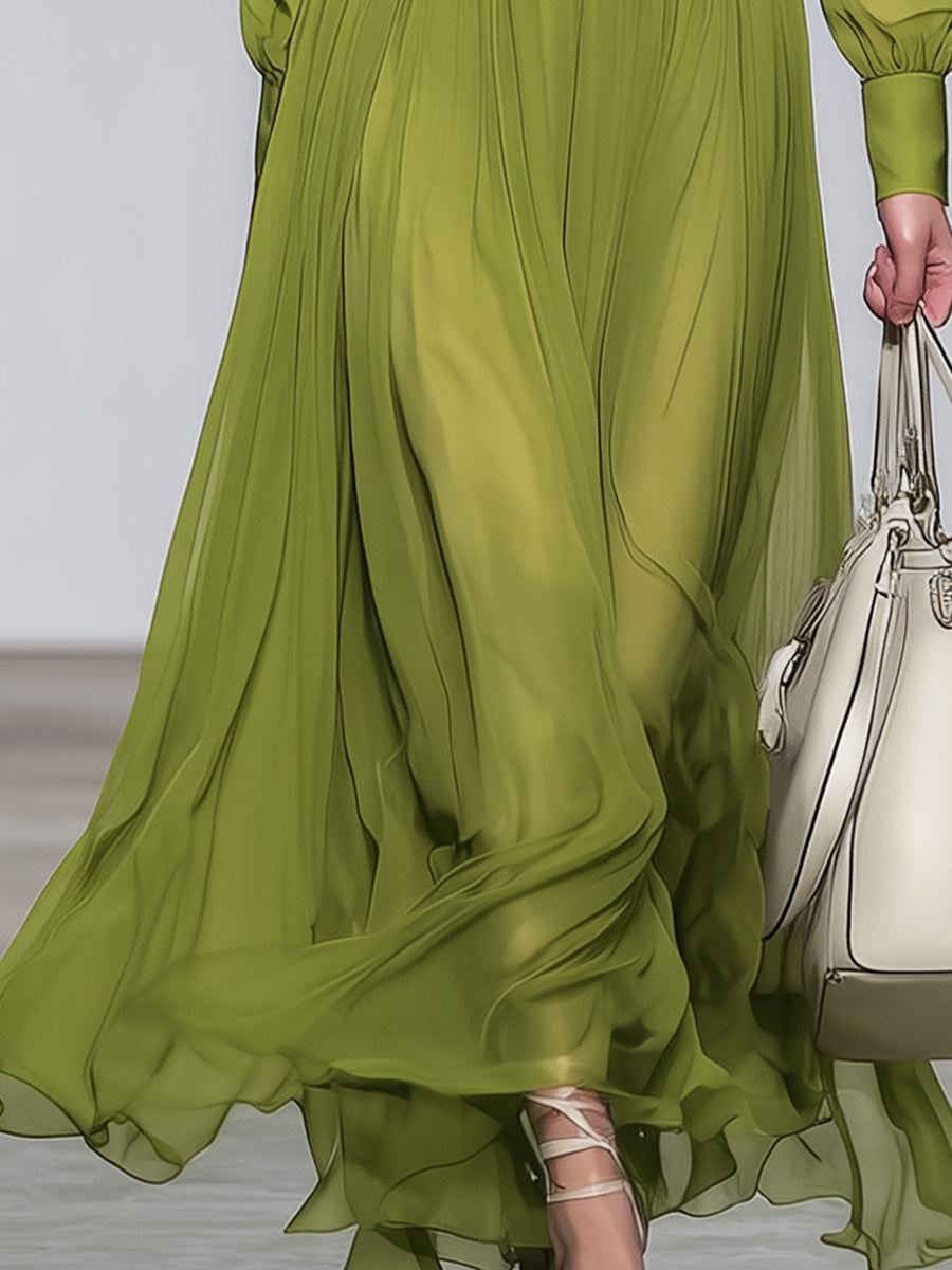 Elegant Green Thick Chiffon Maxi Dress
