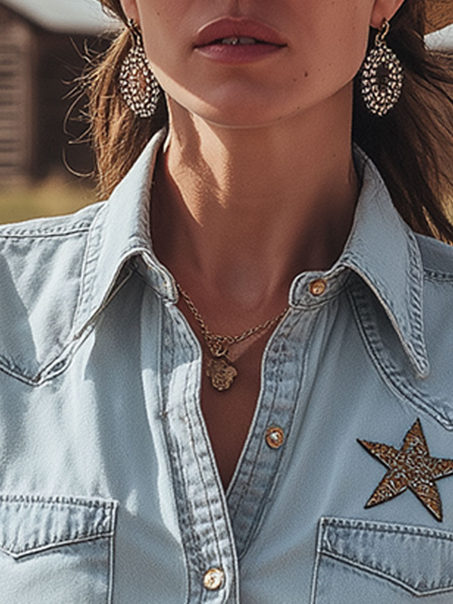 Western Retro Embroidered Blue Sleeveless Denim Shirt