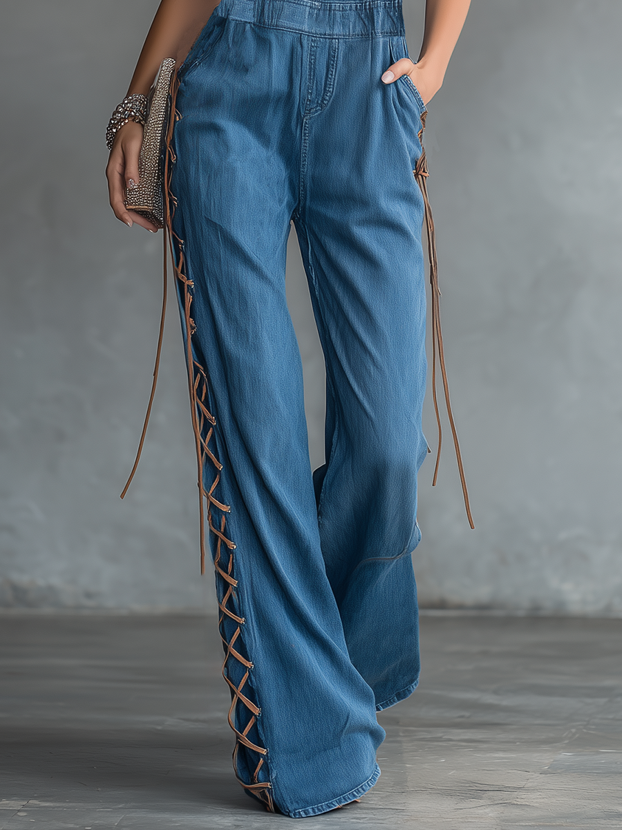 Retro-chic Casual V-neck Drawstring Wide-leg Denim Overalls