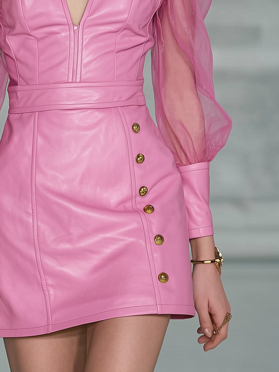 Elegant V-neck Lantern Sleeve Faux Leather Mini Dress