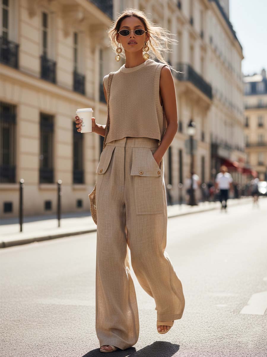 Casual Breathable Urban Style Beige Knitted Top And Cotton Pants Set