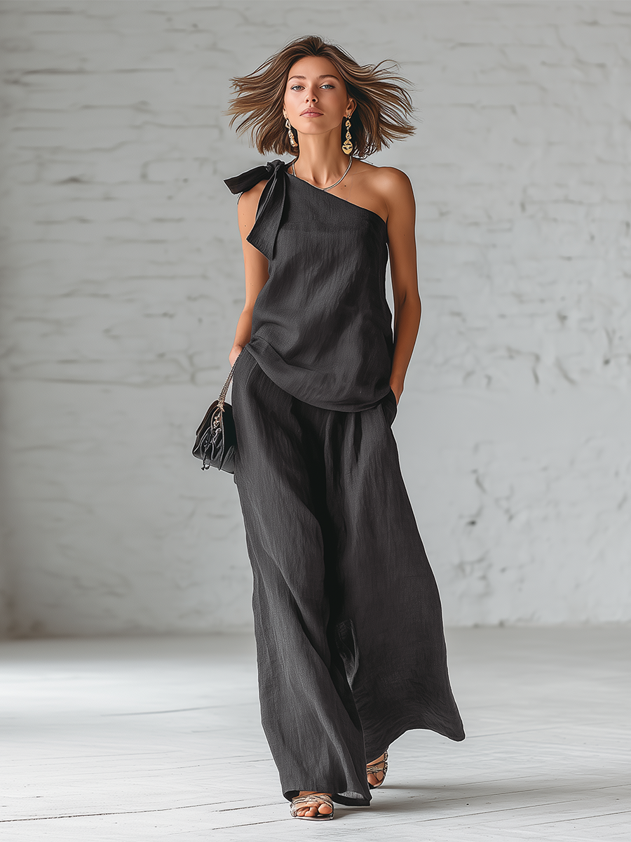 Gray Cotton And Linen Sleeveless One Shoulder Top With Tie Detail And Wide Leg Pants Set