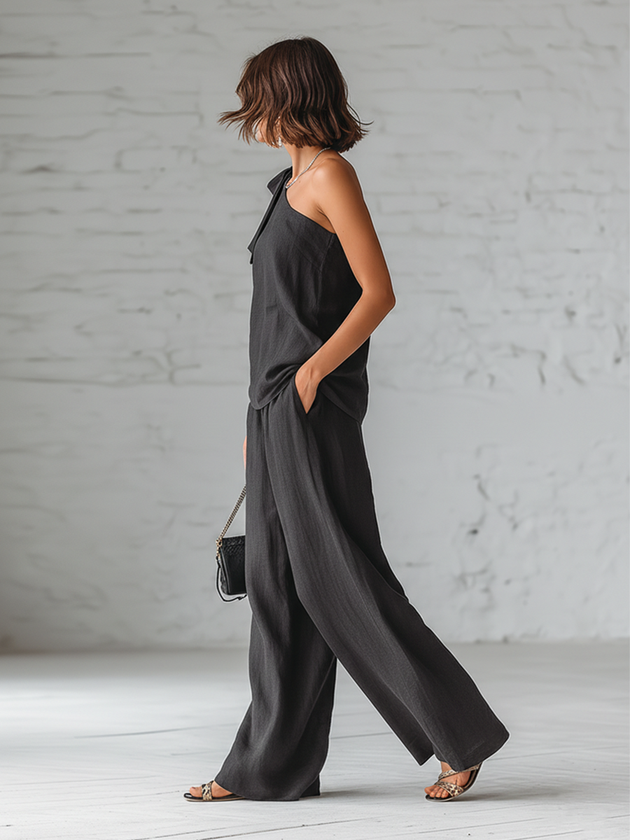 Gray Cotton And Linen Sleeveless One Shoulder Top With Tie Detail And Wide Leg Pants Set