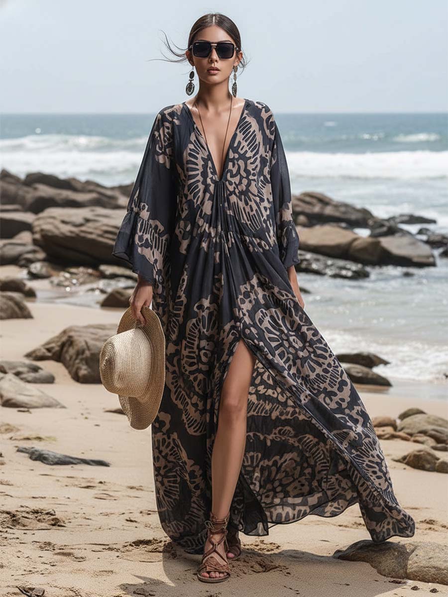 Elegant And Flowing Retro Print V-neck Dark Blue Chiffon Slit Maxi Dress