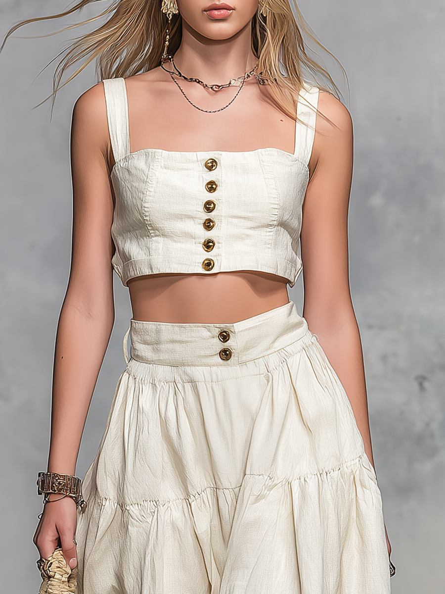 Casual And Stylish Square-neck Sleeveless Cropped Top And Long Skirt Set