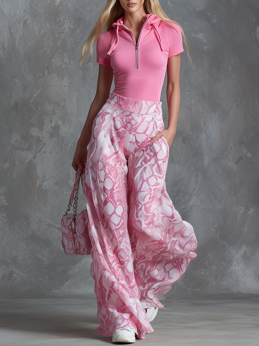 Retro Casual Pink Hooded Short-sleeved T-shirt And Snakeskin Chiffon Wide-leg Pants Set