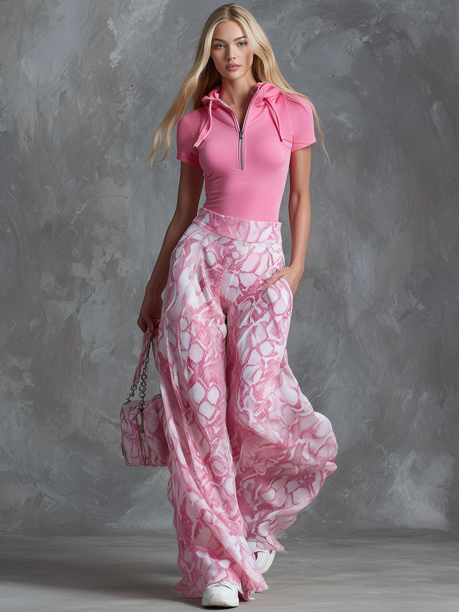 Retro Casual Pink Hooded Short-sleeved T-shirt And Snakeskin Chiffon Wide-leg Pants Set